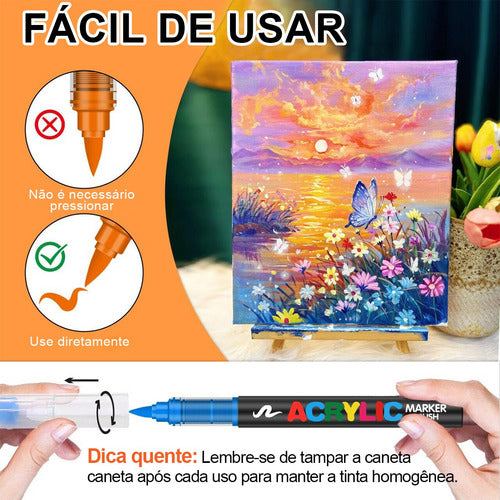 Kit  Canetas 36 Cores Pincel Acrílica Marcador  Papel Tinta