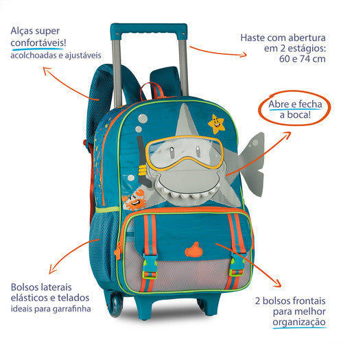 Mochila Rodinha Infantil Escolar Tubarão Interativo Meninos